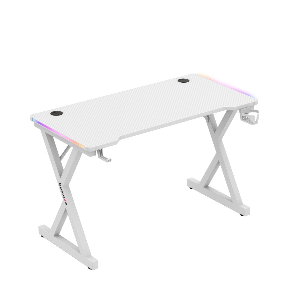 Huzaro Hero 2.3 hvit gamingbord – RGB-strip langs bordkanten tent opp