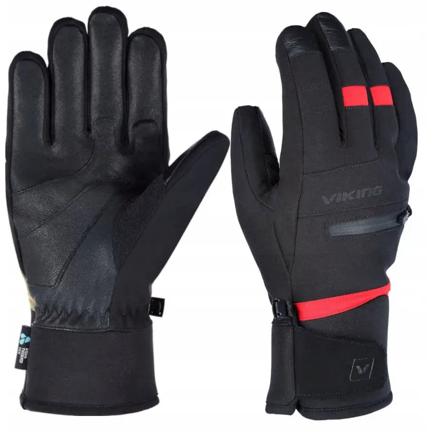 Herre skihansker Viking Kuruk, sorte med røde detaljer, skinn og tekstil, glidelåslomme på oversiden.