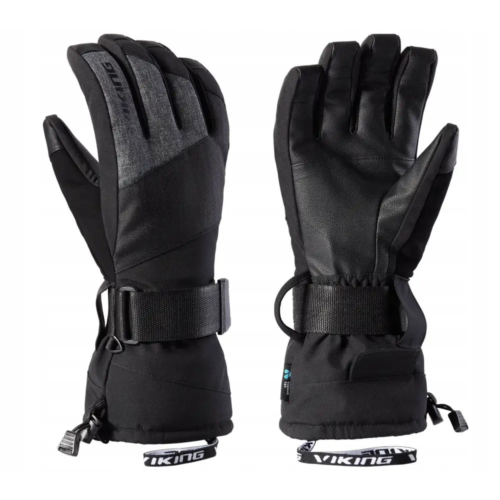 Herreskihansker Viking Eltoro, sorte og grå, vises fra begge sider med brede borrelåsstropper og logo på mansjettene.