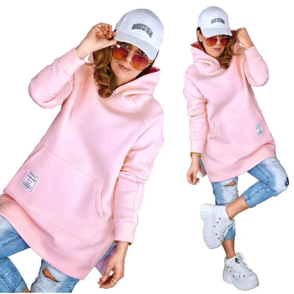 Hettegenser med Kengurulomme Løstsittende Høst Blek Rosa