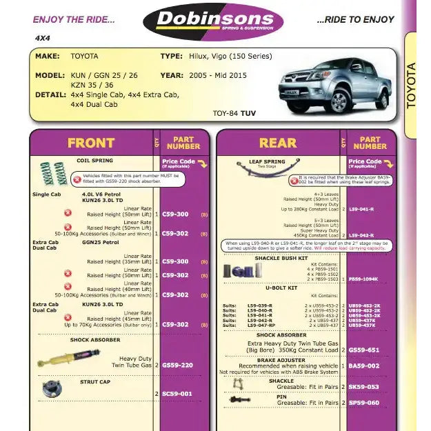 Hevesett 50mm Dobinsons - Toyota Hilux 05-16