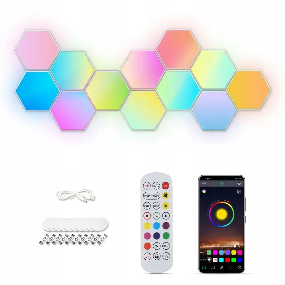 Hexagon X12 Lampe, RGB LED-paneler i bikubemønster med fjernkontroll, USB-kabel og appstyring synlig.