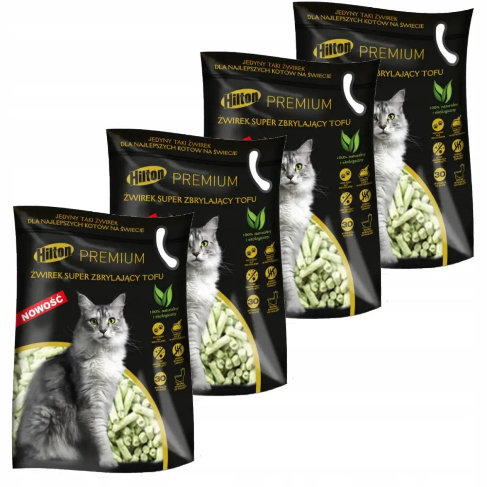 Hilton Premium Klumpende Tofu Kattesand 4X 2,5Kg, fire svarte poser med grå katt og grønne pellets foran.