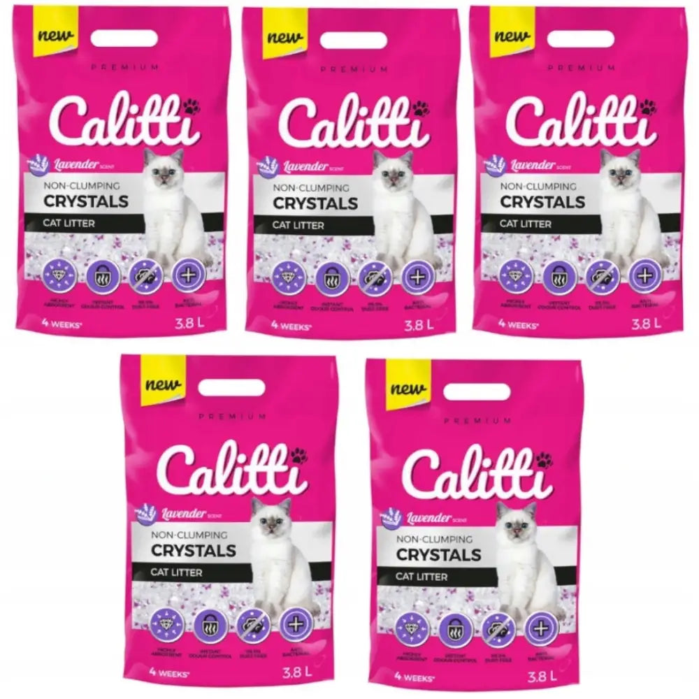 Hit! Calitti Silikonkattesand Lavendel 5-pakning, rosa poser med kattebilde og tydelige produktfordeler på forsiden.