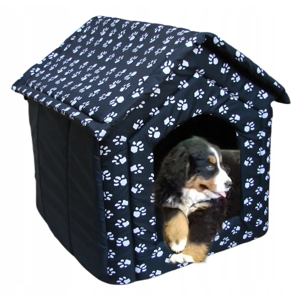 Hjemme-Hundehus for Stor Hund Seng Hus R4, sort tekstilhus med hvitt potetrykk og stor hund som hviler inni.