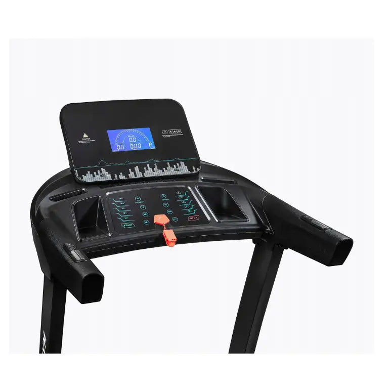 Tredemølle Urbogym V720S, kontrollpanel med blått digitaldisplay, koppholdere og oransje sikkerhetsnøkkel.