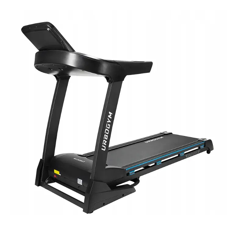 Tredemølle Urbogym V720S, bak- og sidevisning med markerte støtteben og tydelig logo på svart ramme.