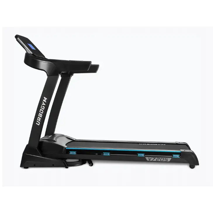 Tredemølle Urbogym V720S fra siden, viser blå detaljer langs løpebånd og opplyst skjerm på konsollen.
