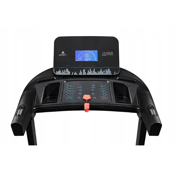 Tredemølle Urbogym V720S, frontvisning av kontrollpanel med LCD-skjerm, fartsknapper og doble koppholdere.