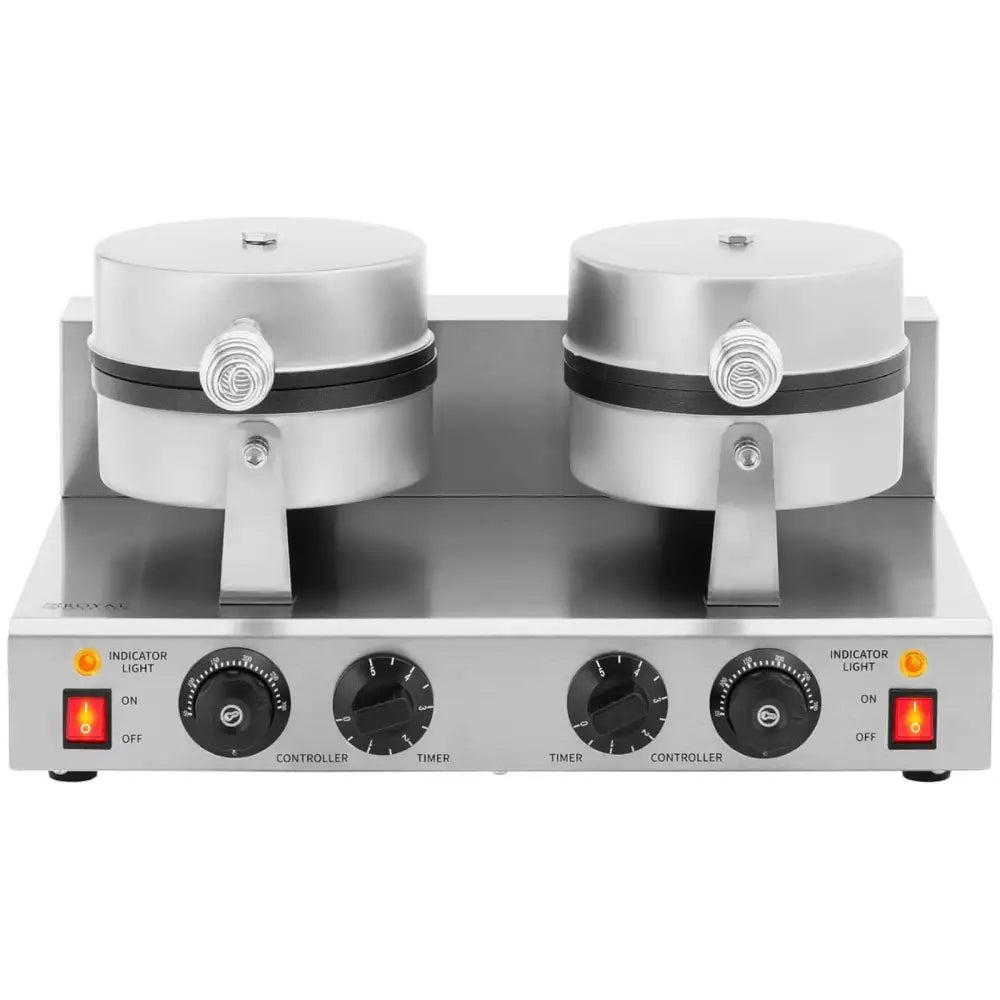 Hjerteformet dobbelt vaffeljern i stål, frontvisning med to jern, fire knapper og to lyse indikatorer.