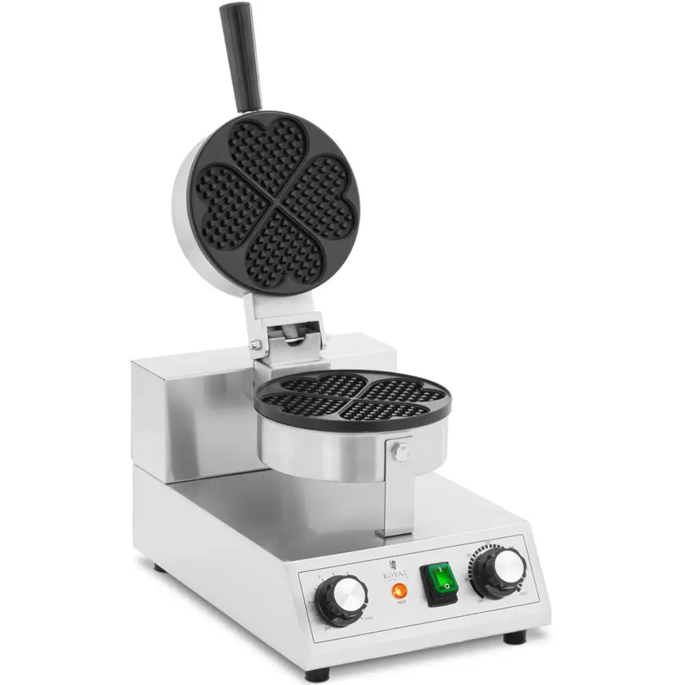 Hjerteformet vaffeljern med åpnet lokk, viser non-stick hjerteplater og synlig kontrollpanel med lamper.