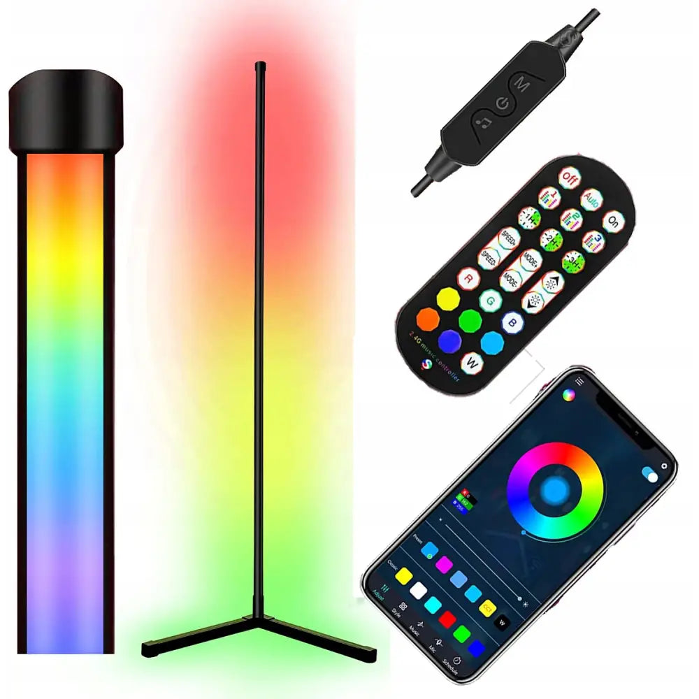 Hjørne gulvlampe med svart stativ, flerfarget LED-lys, fjernkontroll og appstyring via smarttelefon.
