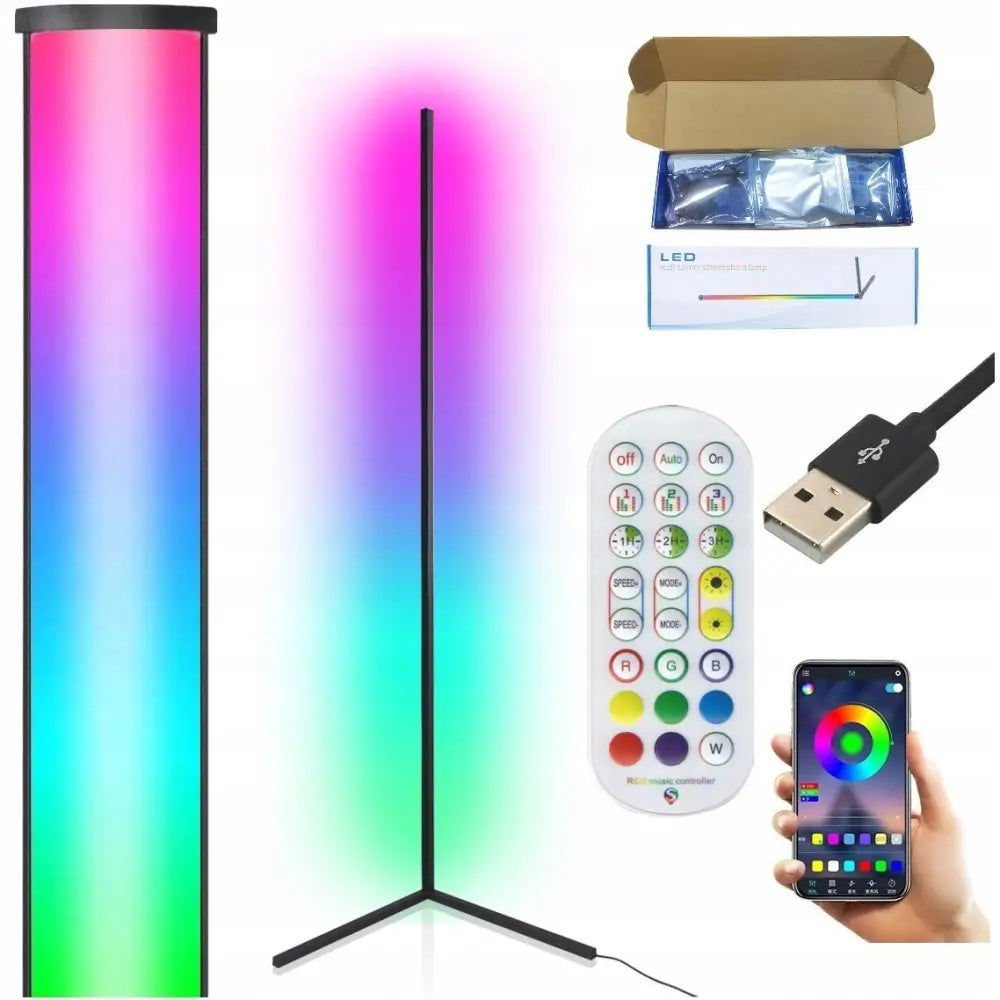 Hjørne LED gulvlampe i svart med 3D fargeskift, fjernkontroll, USB-kabel og mobilapp, vist med emballasje.