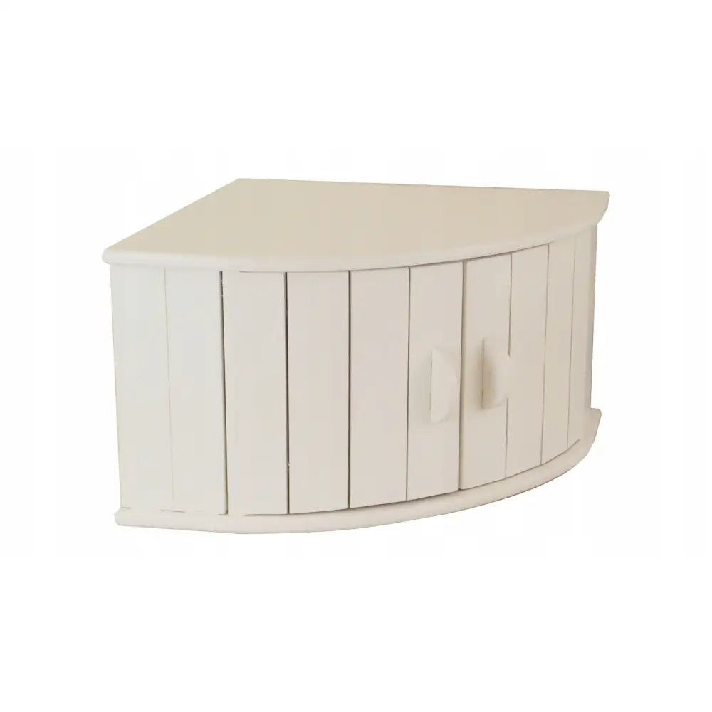 Hjørnebrødboks N7 hvit i tre, skråvisning med vertikale paneler og to dører med enkle håndtak.