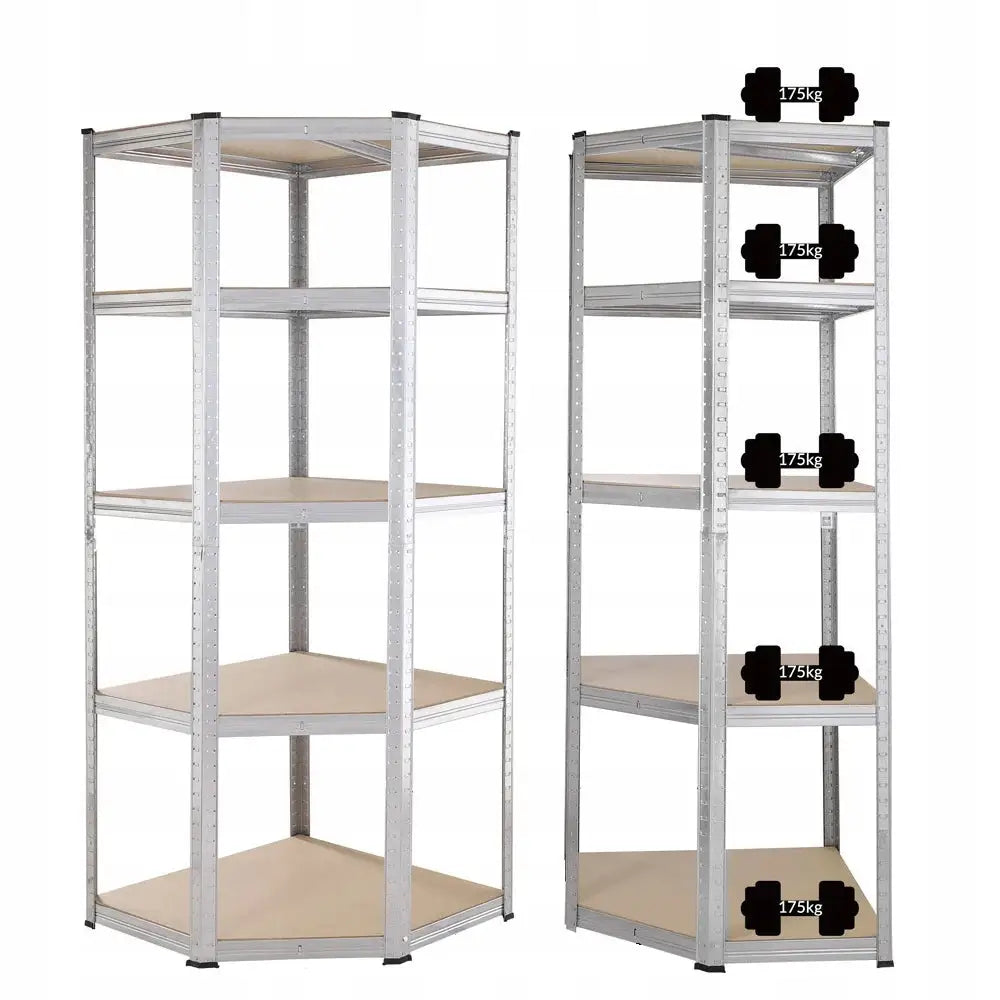 Hjørnehylle i metall med lyse trehyller, skråvisning med manualer på hver hylle som viser vektkapasitet.