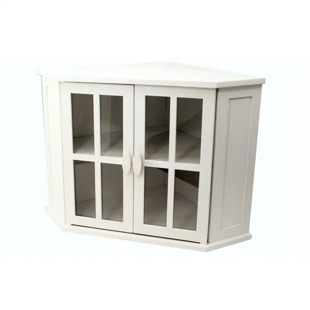 Hjørneskap Brødboks med glassdører, hvit finish, vises skrått forfra med synlige hyller og runde håndtak.