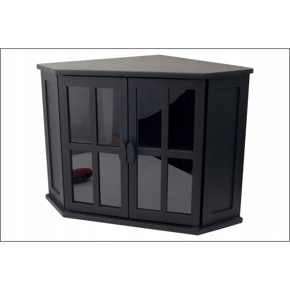 Hjørneskap Brødboks i svart tre med glassdører, skrå vinkel som viser begge dører og elegante håndtak.