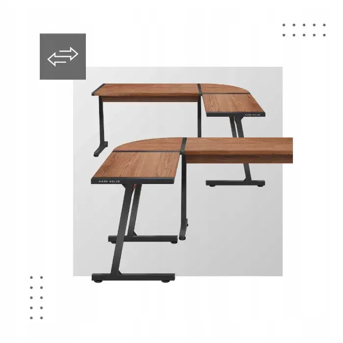 Hjørneskrivebord Huzaro Mark Adler Leader 5.5 WN, to sammenstilte bord med treimitasjon og sorte ben i speilvendt vinkel.