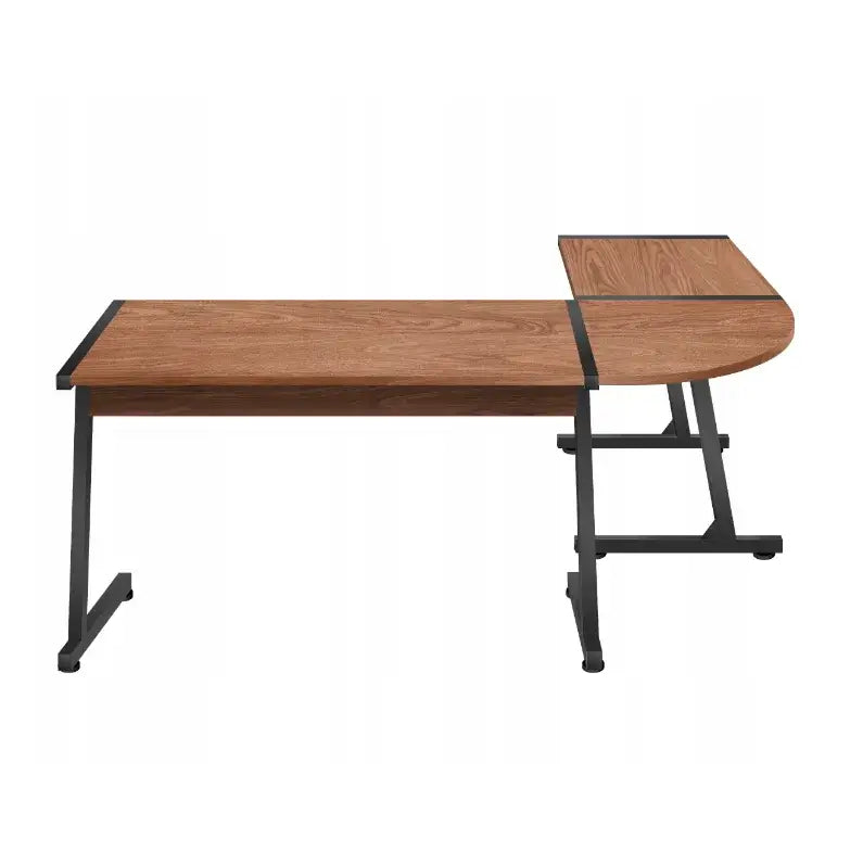 Hjørneskrivebord Huzaro Mark Adler Leader, L-form med lys treverk og sort stålramme, frontvisning.