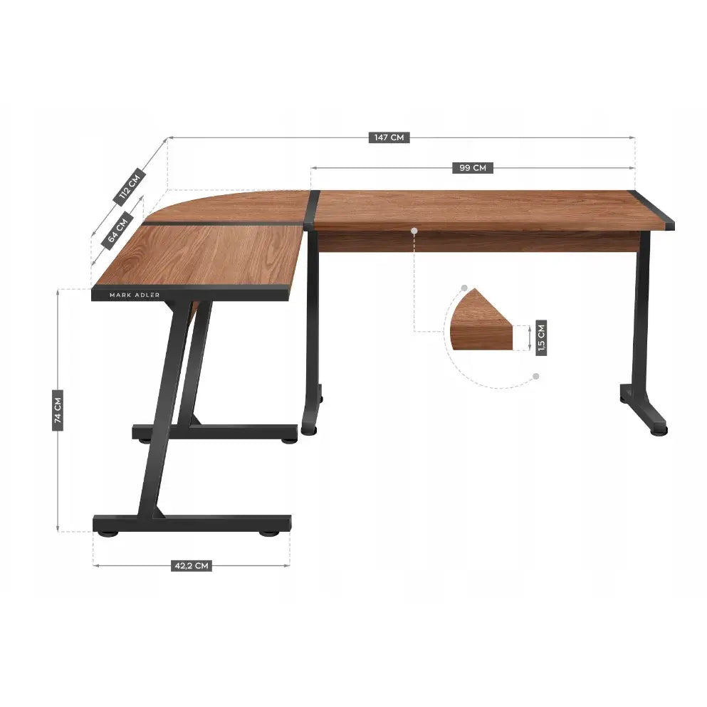 Hjørneskrivebord Huzaro Mark Adler Leader 5.5, skrå vinkel med tydelig markerte mål på bordplaten og ben.