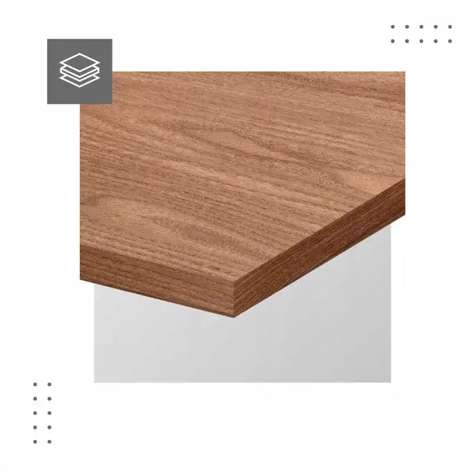 Hjørneskrivebord Huzaro Mark Adler Leader 5.5, nærbilde av treplatens brune trefinér og struktur.