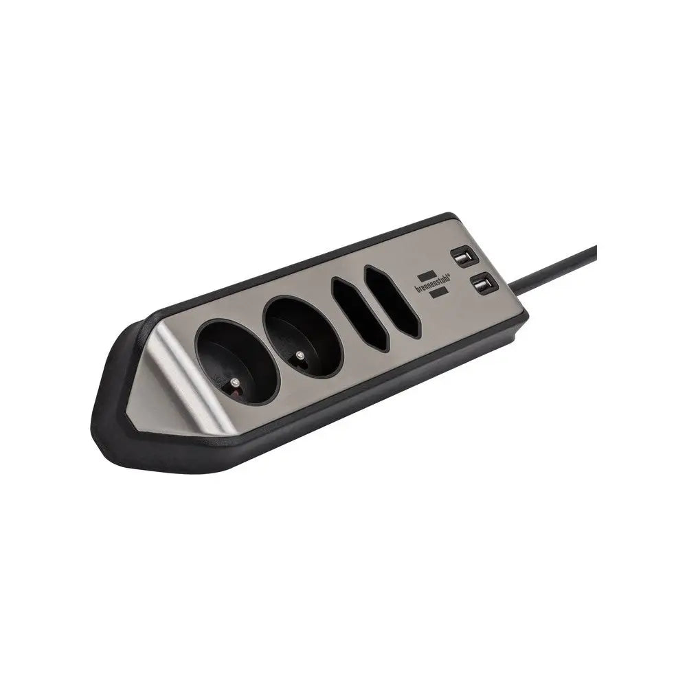 Hjørneuttak estilo, svart og sølv, skråvisning med to stikk, to åpne spor og to USB-porter.