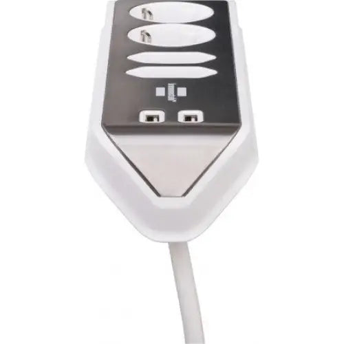 Hjørneuttak Estilo V2, fire stikkontakter og to USB-porter, hvit og sølvgrå, sett ovenfra.