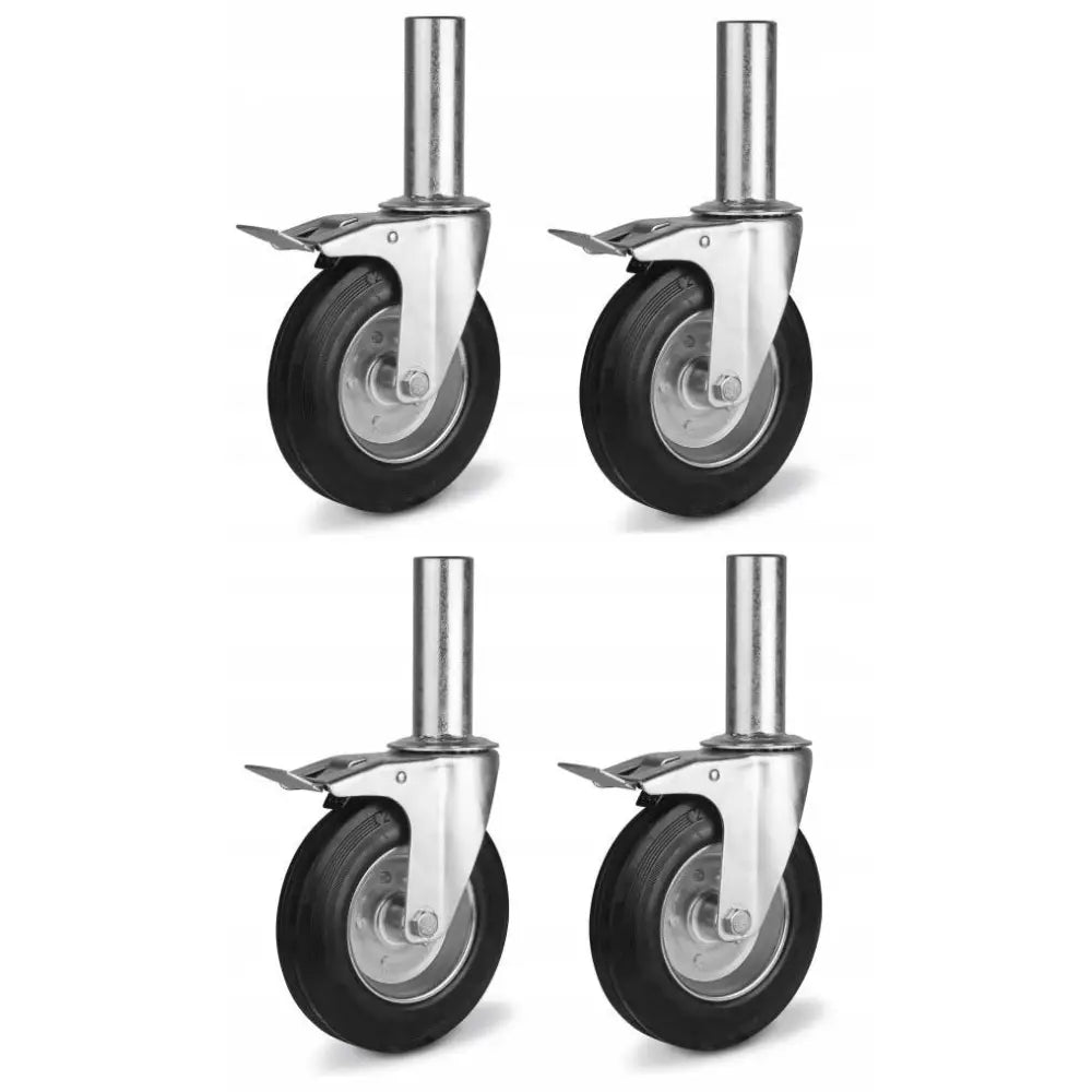 Stillashjul 160 mm, fire svingbare hjul i svart gummi med bremser, sett fra siden mot hvit bakgrunn.