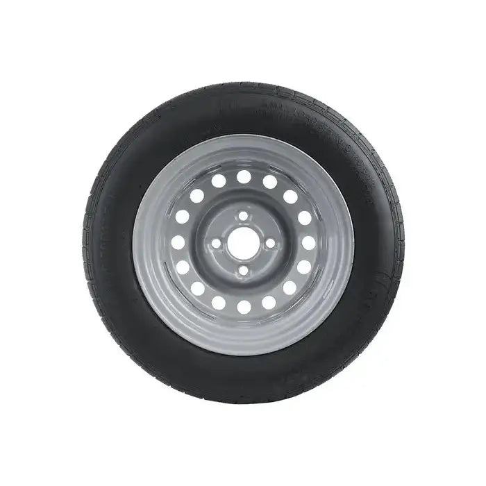Tilhengerhjul 155/70R13 med sølvfarget felg, frontvisning som viser felgens runde hull og stort senterhull.
