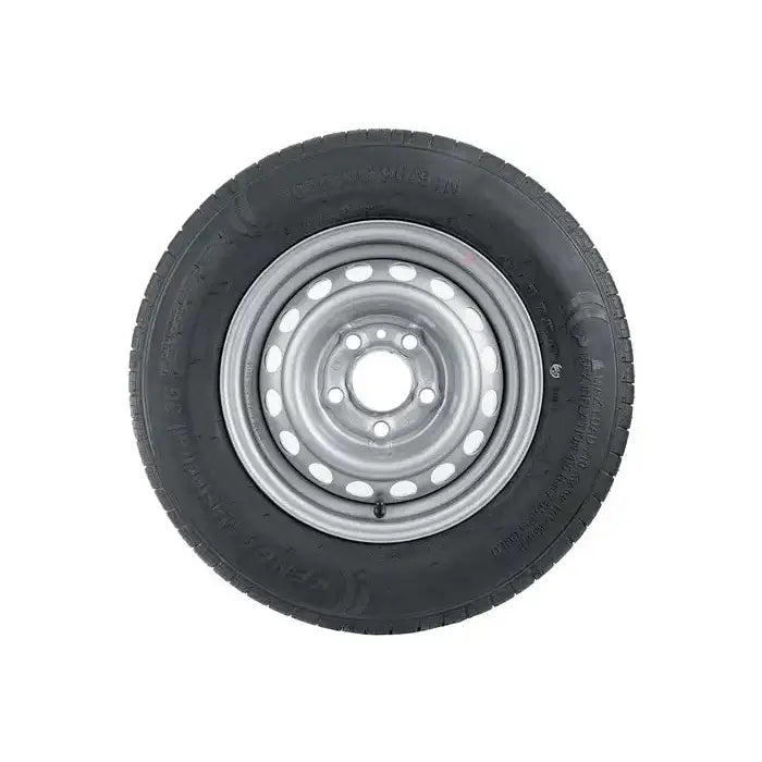 Tilhengerhjul 165/R13C med stålfelg, frontvisning som viser felgens hull og dekkets mønster.