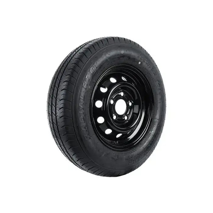 Tilhengerhjul 165R13C med stålfelg, skrå sidevinkel som fremhever mønster og runde luftehull.