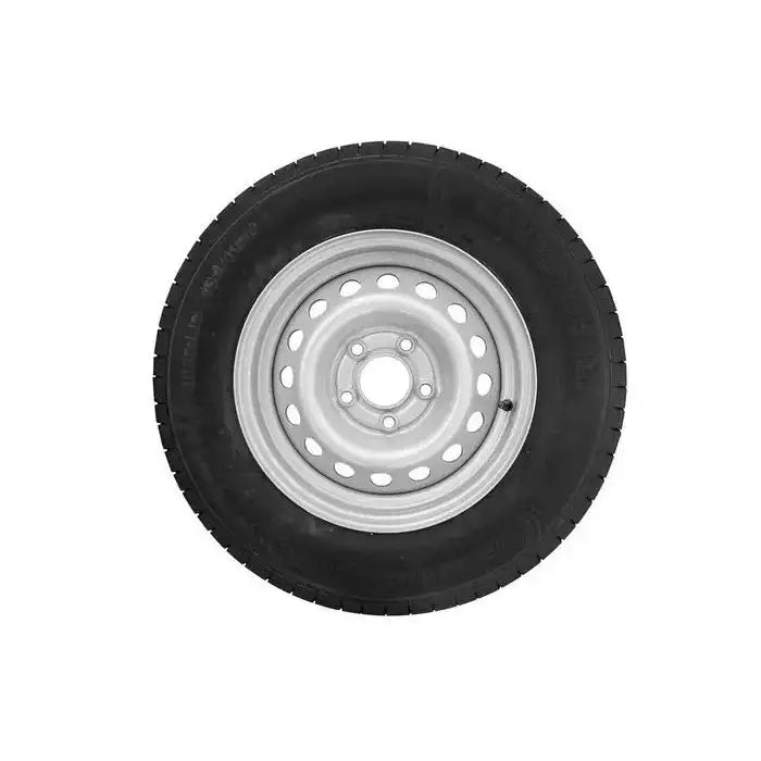 Tilhengerhjul 185R14C med sølvfarget felg, frontvisning som fremhever de runde hullene langs felgkanten.