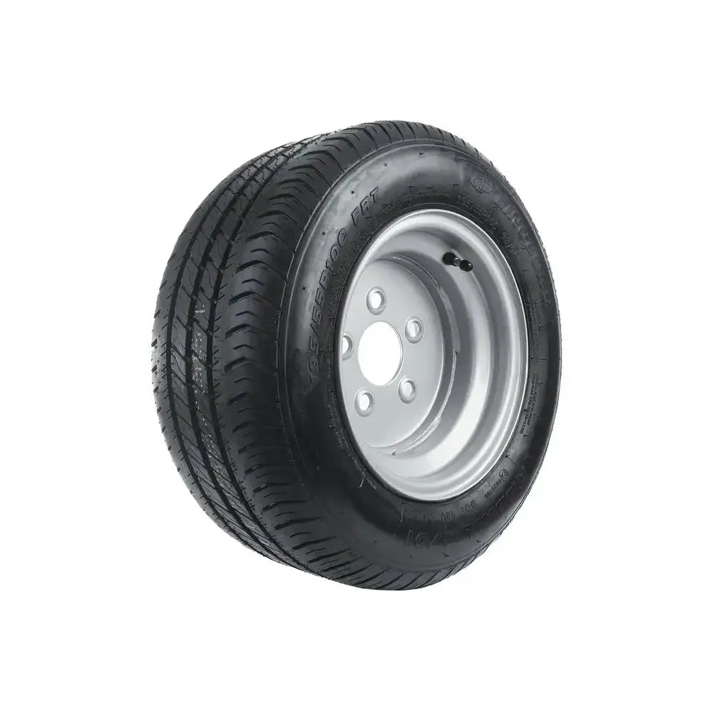 Tilhengerhjul 195/55R10C med sølvfarget stålfelg, tredjepartsvinkel viser felghull og ventil tydelig.