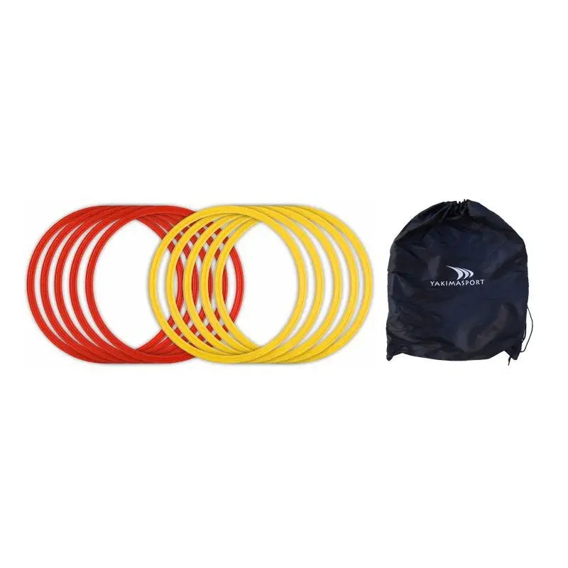 Hjul koordineringssett med tolv fargerike hjul og oppbevaringsbag, samlet på lys bakgrunn.