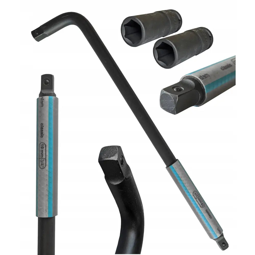 Hjulnøkkel Smidd 1/2'', L-formet stål med sølv håndtak, nærbilde av firkantede ender og sekskantpiper.