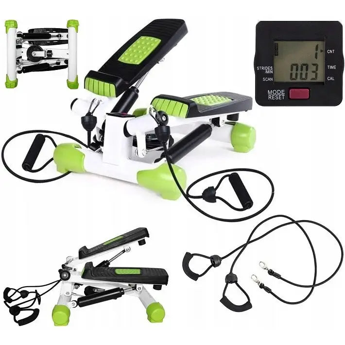 HMS Stepper skrå turnstepper med treningsstrikker, digital skjerm og grønn detalj, sett fra ulike vinkler.