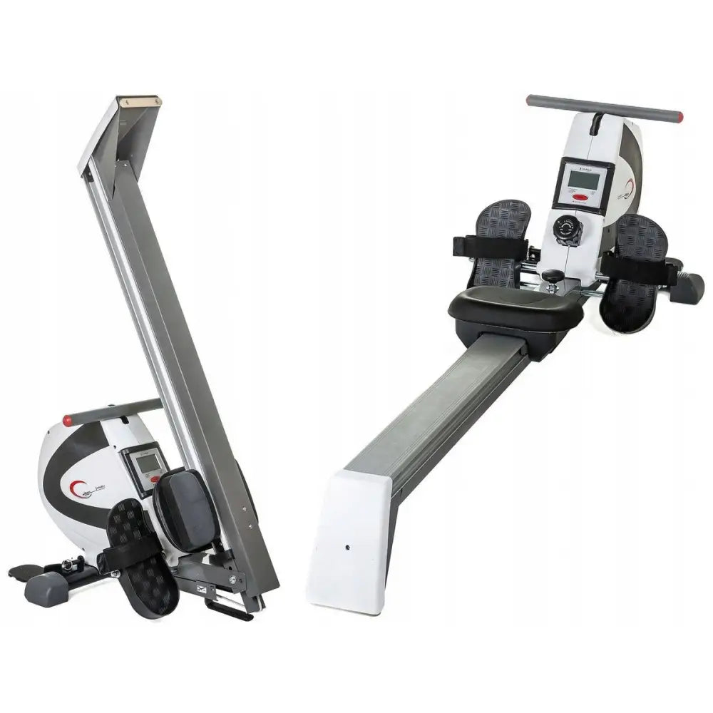 Romaskin med justerbare fotplater, skjerm og sammenleggbar ramme, sett fra siden og forfra.