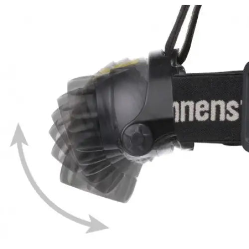 Sort hodelykt med justerbart LED-lampehode, elastisk stropp og hvit tekst, vist i flere vinkler.