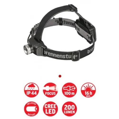 LED hodelykt med sølvfarget lyshode, sett fra siden, elastiske stropper og synlig logo.