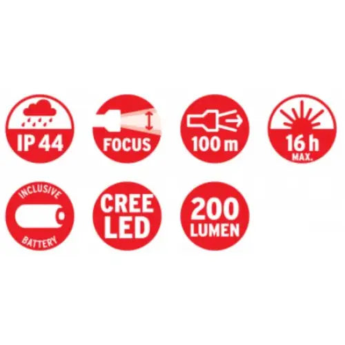 Syv røde ikoner med hvite symboler som fremhever hodelyktens tekniske spesifikasjoner og bruksegenskaper.