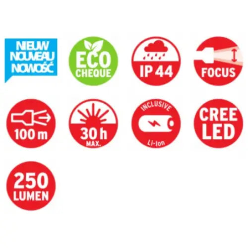 Hodelykt LED LuxPremium KL 250AF, symboler for lysstyrke, batteritid, rekkevidde og CREE LED-teknologi.