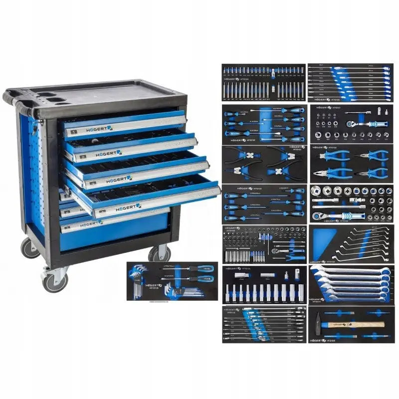Hogert verkstedskap med 252 verktøy, blå og svart vogn med åpne skuffer og synlige håndverktøy.