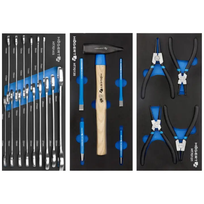 Hogert verkstedskap med 252 verktøy, sett ovenfra med nøye sorterte fastnøkler, hammer, meisler og tang.