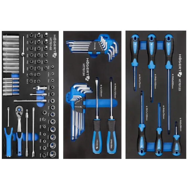 Hogert verkstedskap verktøysett, toppbilde av tre skuminnlegg med blå håndverktøy og metalliske detaljer.