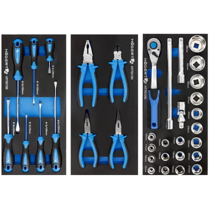 Hogert verkstedskap, toppbilde av sortert verktøysett med sorte og blå håndtak i svarte skuminnlegg.