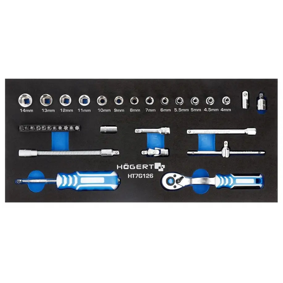 Hogert verkstedsskap verktøysett, oversikt over pipesett med blå og sølv verktøy i svart skuminnlegg.