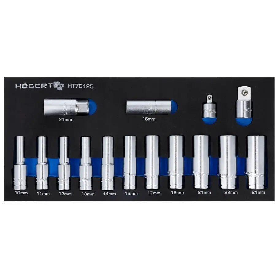 Metallverktøyhoder i sort og blå skuminnsats, sett ovenfra med tydelig merkede størrelser.