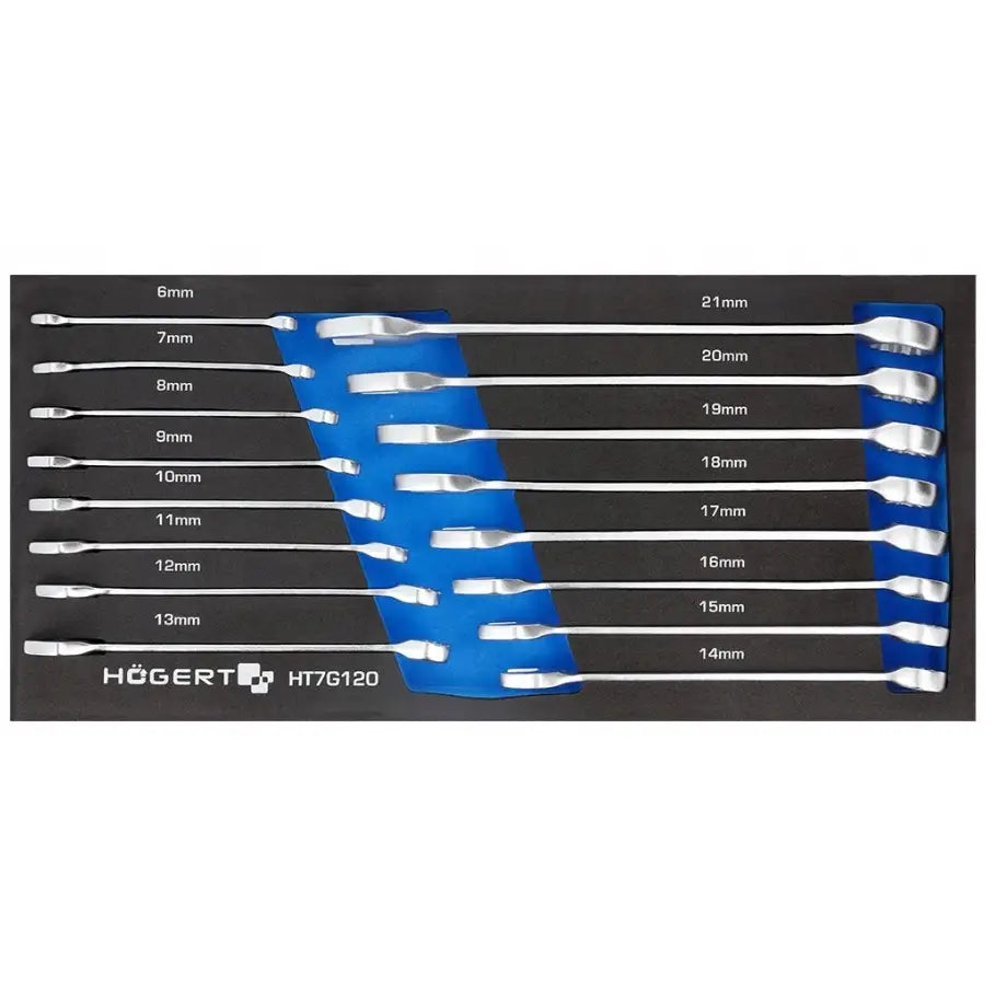 Skiftenøkler i størrelser 6–21 mm, sortert i svart og blått innlegg fra Hogert verkstedsskap og verktøysett.