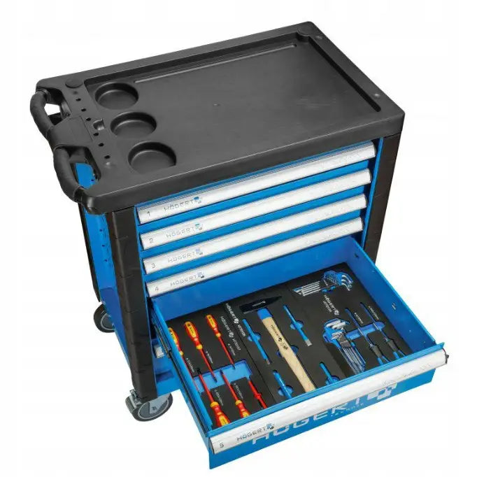 Hogert verkstedsskap og verktøysett, skrå oversikt med åpen skuff som viser sorterte verktøy.