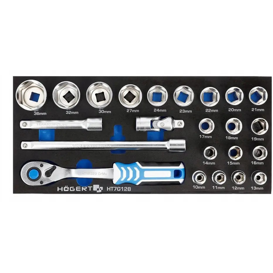 Pipeverktøysett i sort etui, forkrommede deler med blått og hvitt håndtak, størrelser tydelig merket.